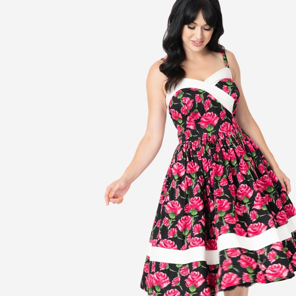 Unique Vintage Black & Pink Floral Swing Dress